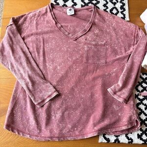 Like Love Mineral Wash casual V-Neck Long Sleeve Top Pink size large L